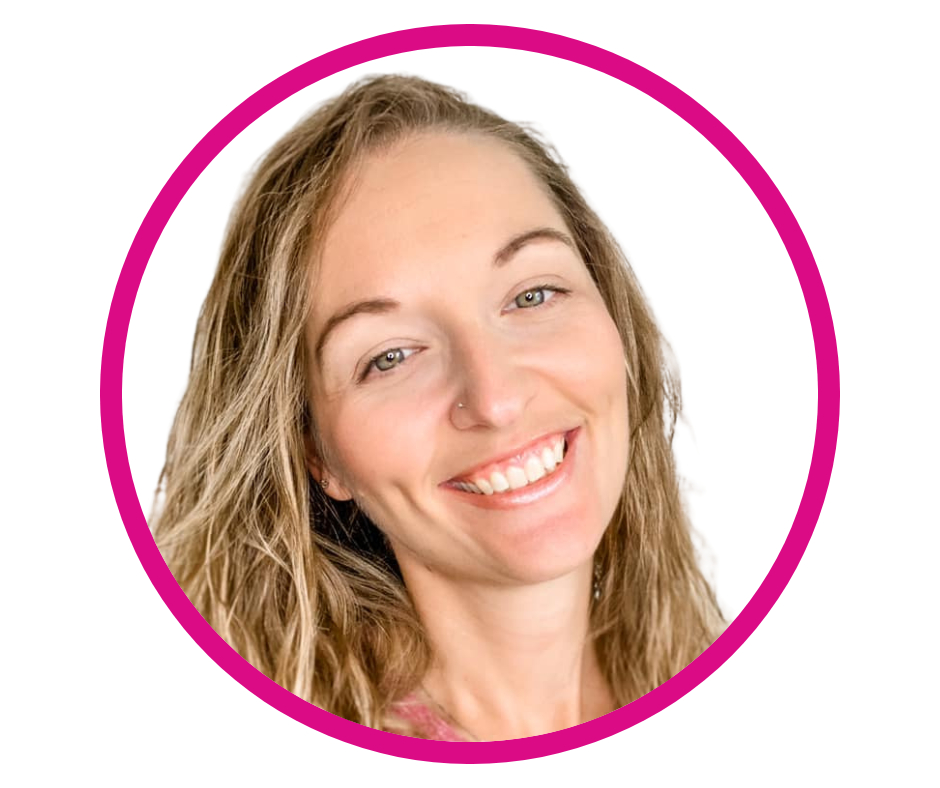 Smiling woman with wavy hair inside a pink circle border.