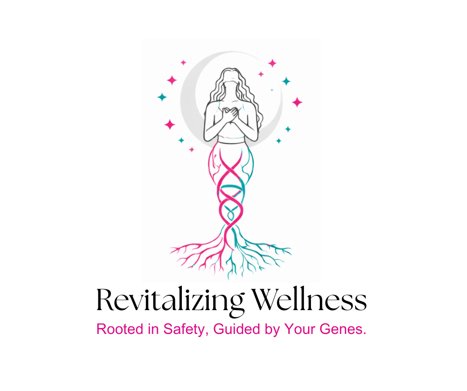 Illustration of a woman with a DNA strand as her body, surrounded by stars and a crescent moon.