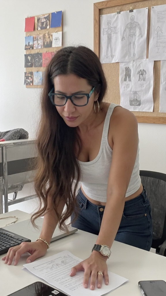 Woman with long dark hair and glasses leaning over a desk with papers and a keyboard.
