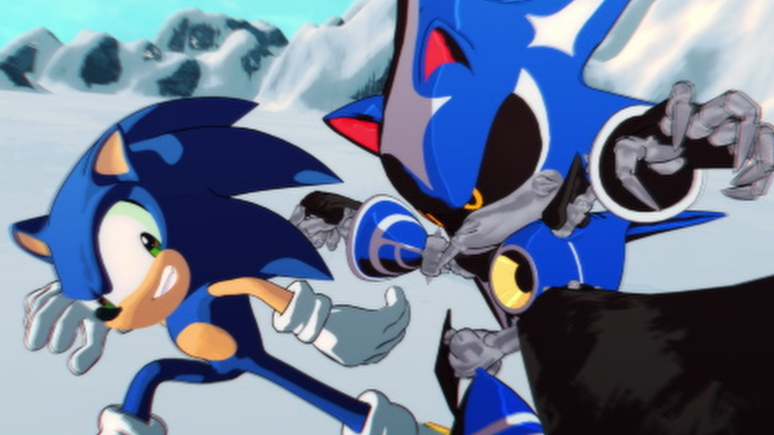 Two blue hedgehogs running in snowy landscape, one with a determined expression, the other with a fierce look.