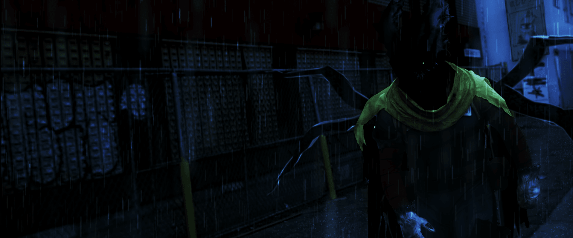 Person standing in a dark room with shelves and hanging items, wearing a bright green shirt.