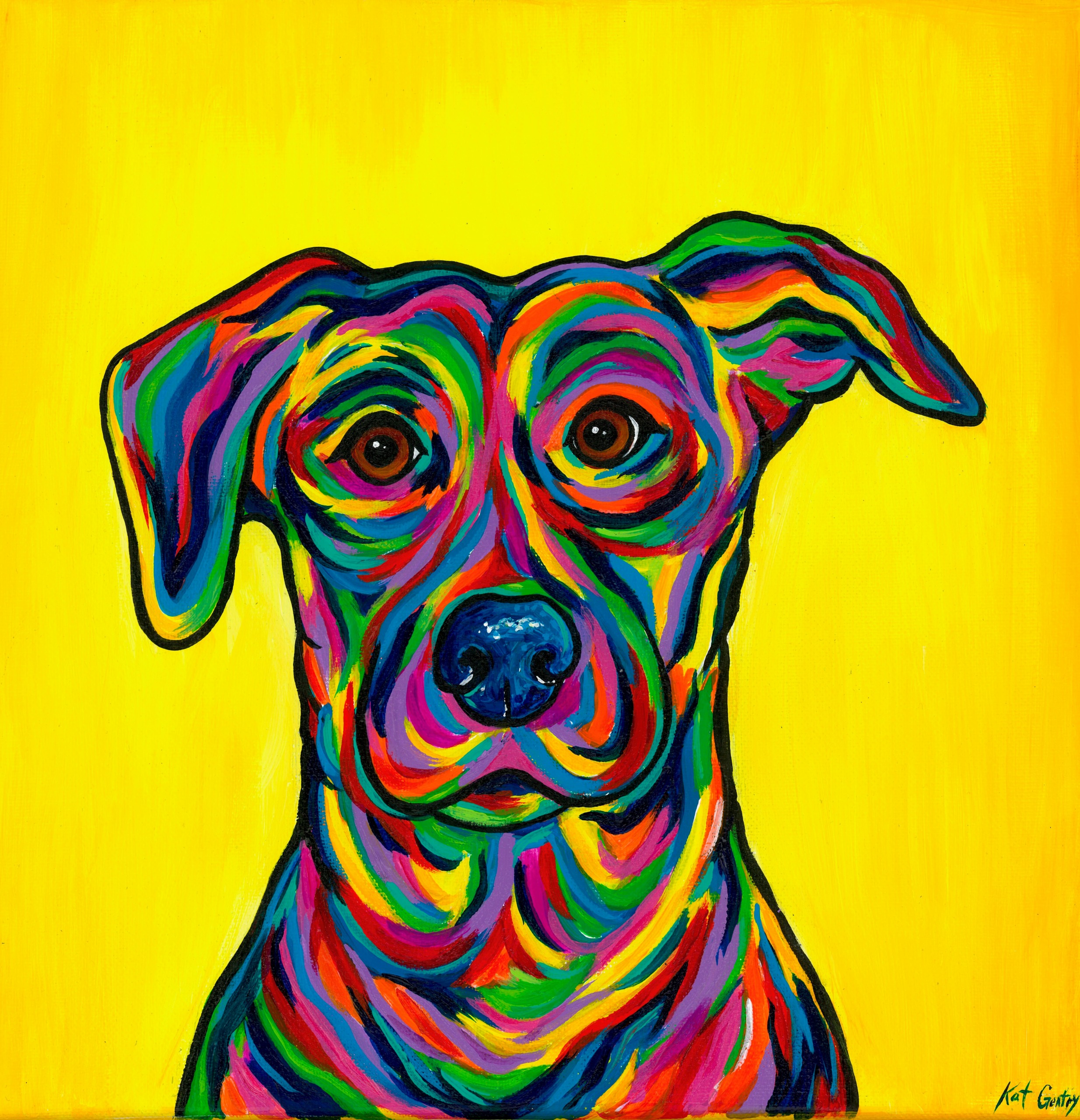 Colorful portrait of a dog with a yellow background, using vibrant, swirling brushstrokes.