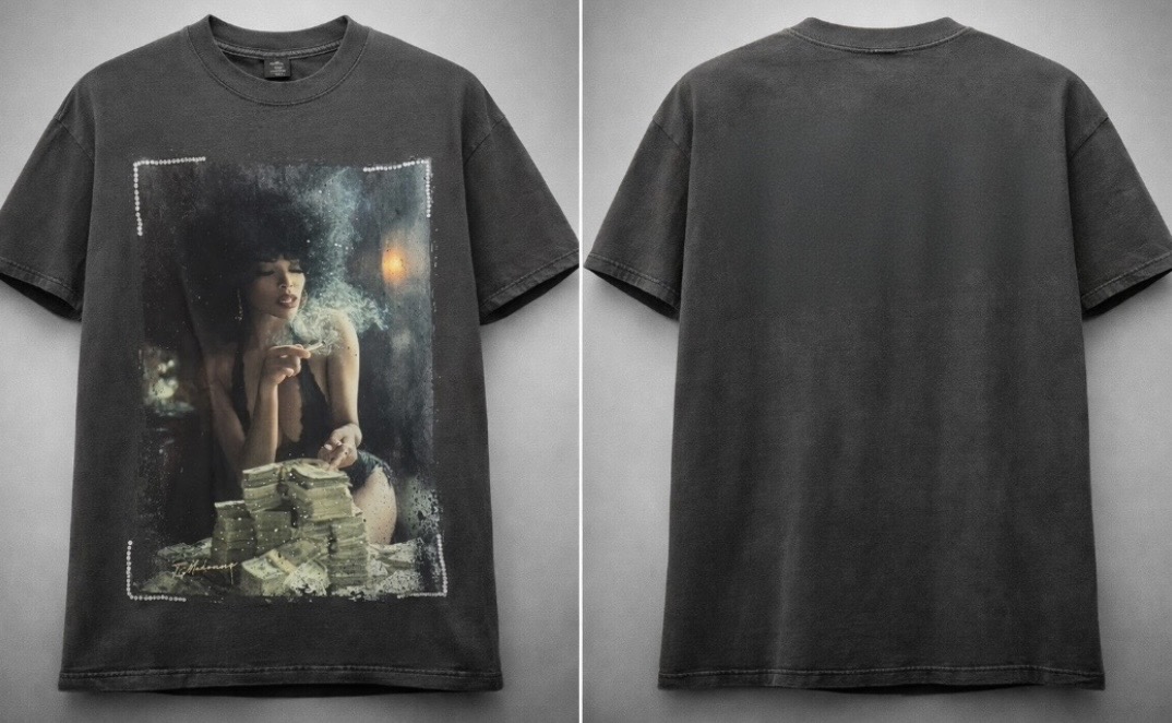 Black T-shirt with a graphic of a woman sitting among stacks of money, with a cosmic background.