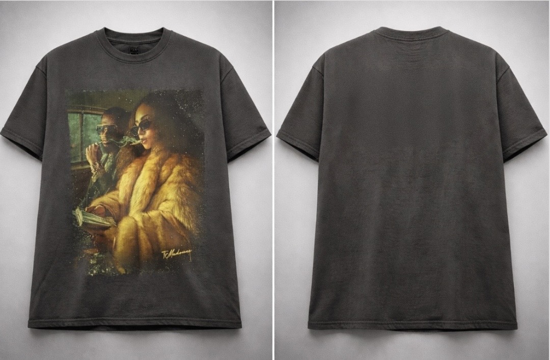 Black T-shirt with a colorful painting of two people sitting, one wearing sunglasses, on the front.