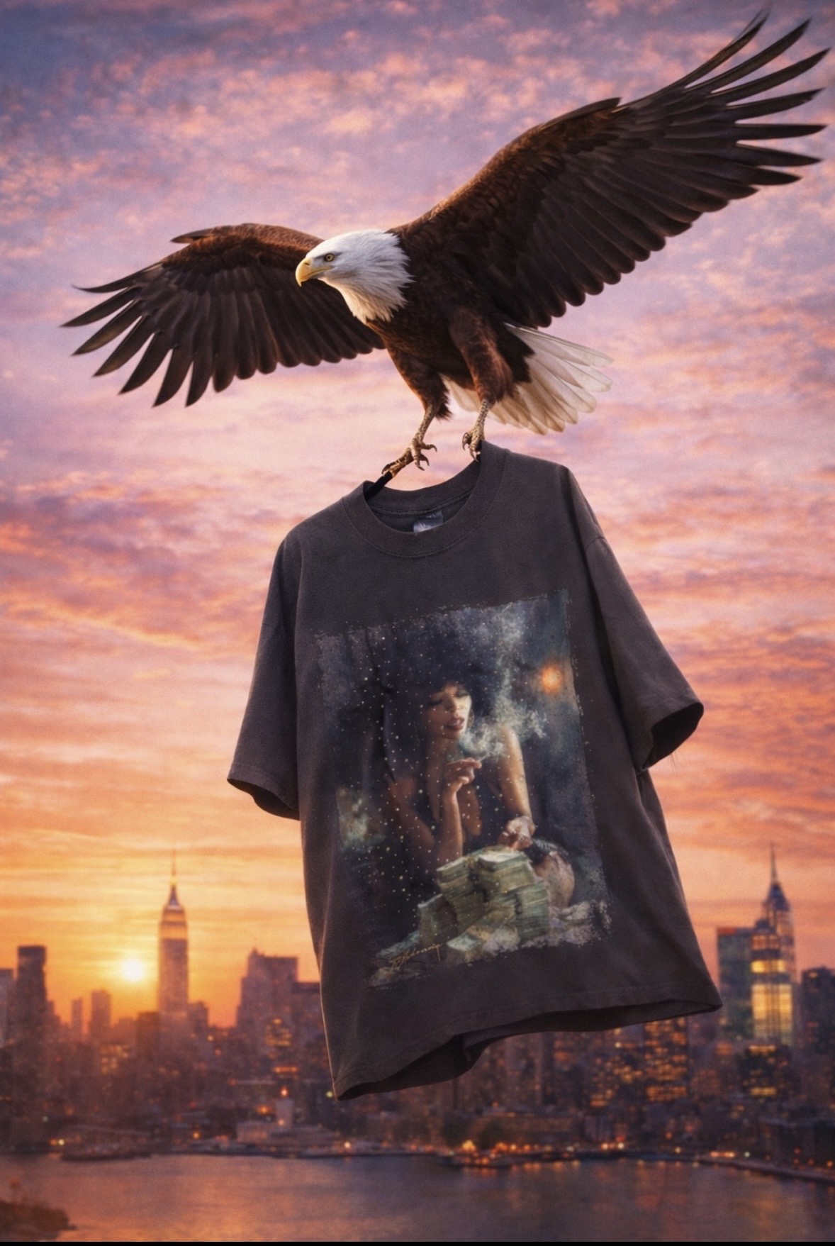 Eagle with outstretched wings perched on a T-shirt featuring a person and cityscape, against a sunset sky and city skyline.