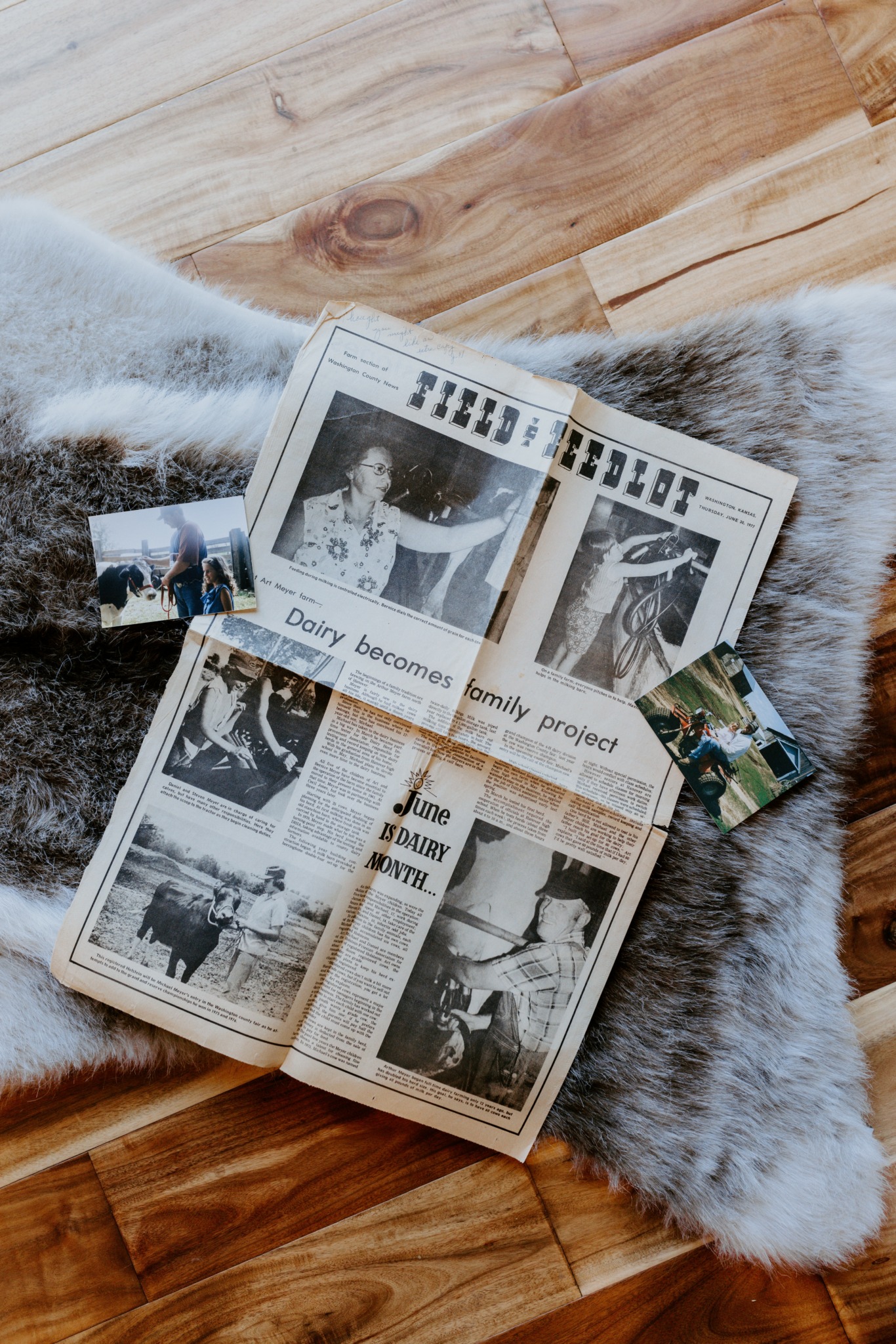Open newspaper with black and white photos on a furry surface and wooden floor background.