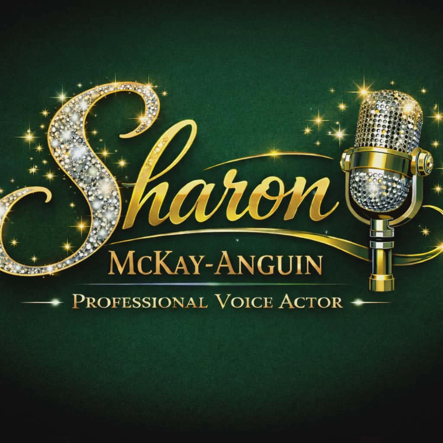 Golden text reads 'Sharon McKay-Anguinn Professional Voice Actor' with a sparkling microphone on a dark green background.