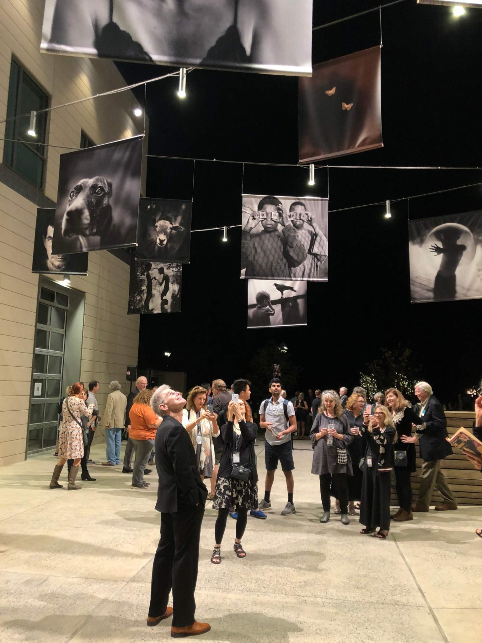 Group of people viewing large black-and-white photographs hanging from wires outdoors at night.