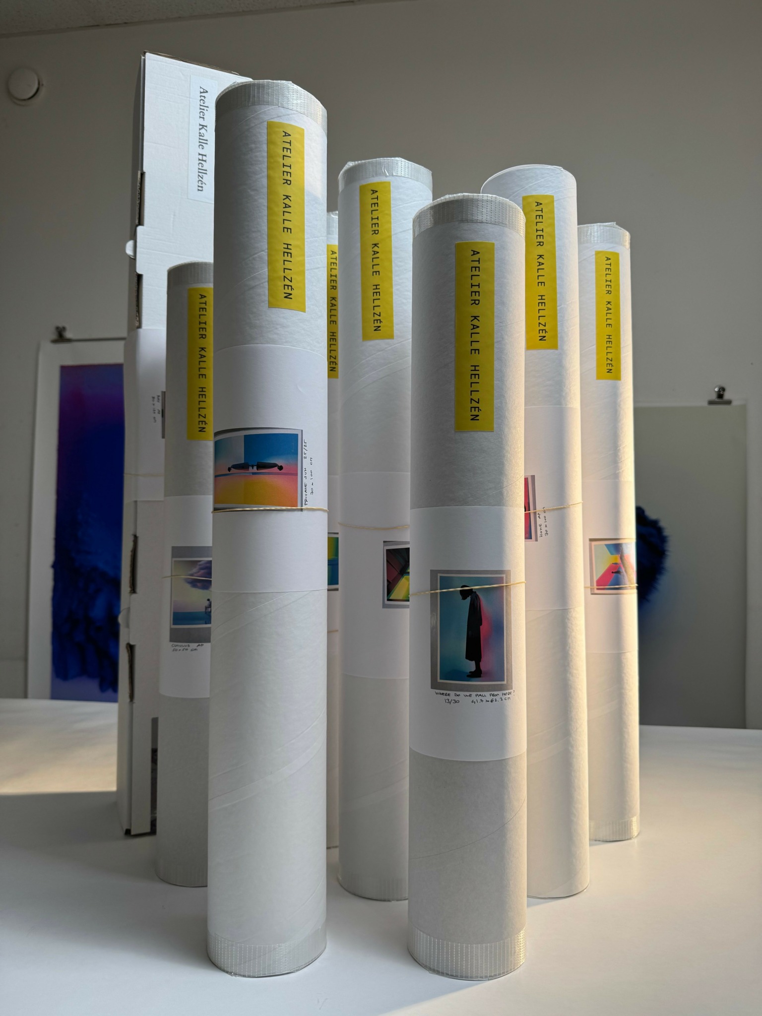 Multiple cylindrical display stands with yellow labels and images, arranged in a gallery setting.
