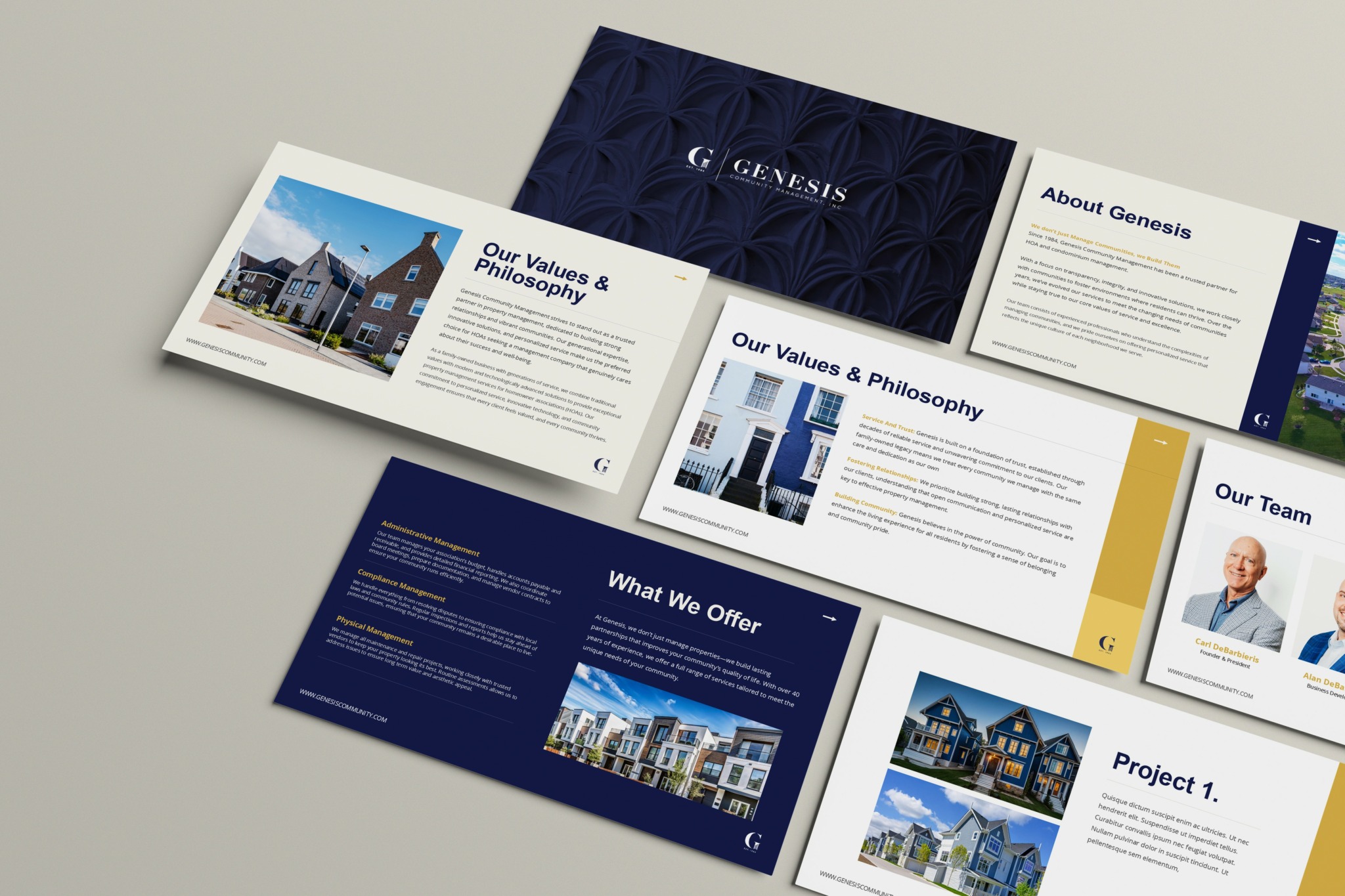 Set of business presentation slides and a brochure with images of buildings and team members, blue and white color scheme.