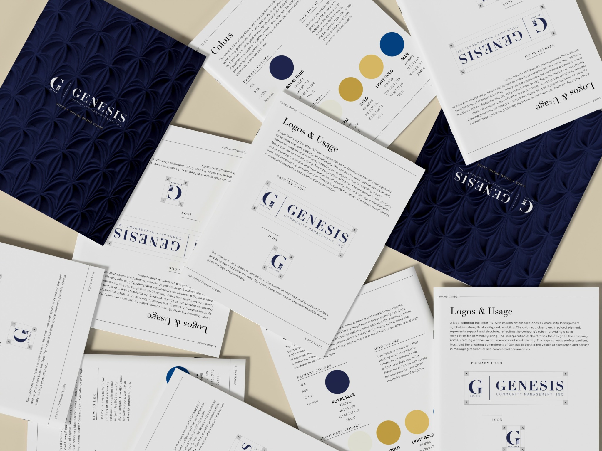 Multiple printed documents and brochures with text and color charts scattered on a surface.
