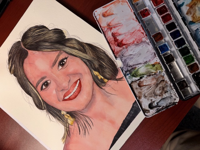Colorful watercolor portrait of a smiling woman with shoulder-length dark hair and earrings.