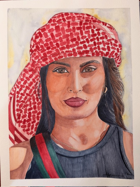 Portrait of a woman wearing a red patterned headscarf and a dark sleeveless top, with a serious expression.