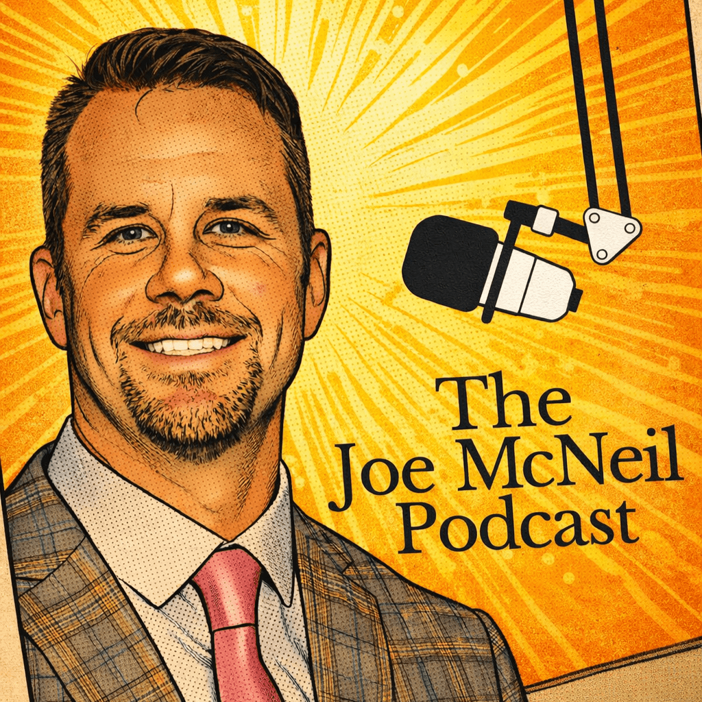 Portrait of a man with short hair and beard, wearing a suit and pink tie, smiling, with a microphone and podcast title background.