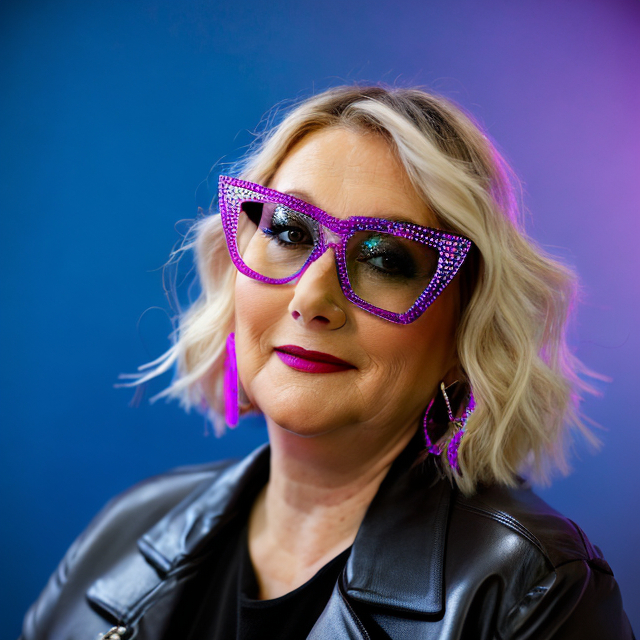 Woman with blonde wavy hair wearing purple rhinestone glasses and matching earrings, black leather jacket, against a colorful background.