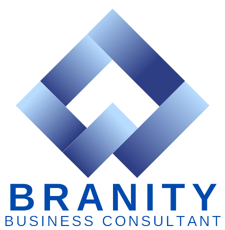 Blue geometric logo with the text 'BRANITY BUSINESS CONSULTANT' below it.