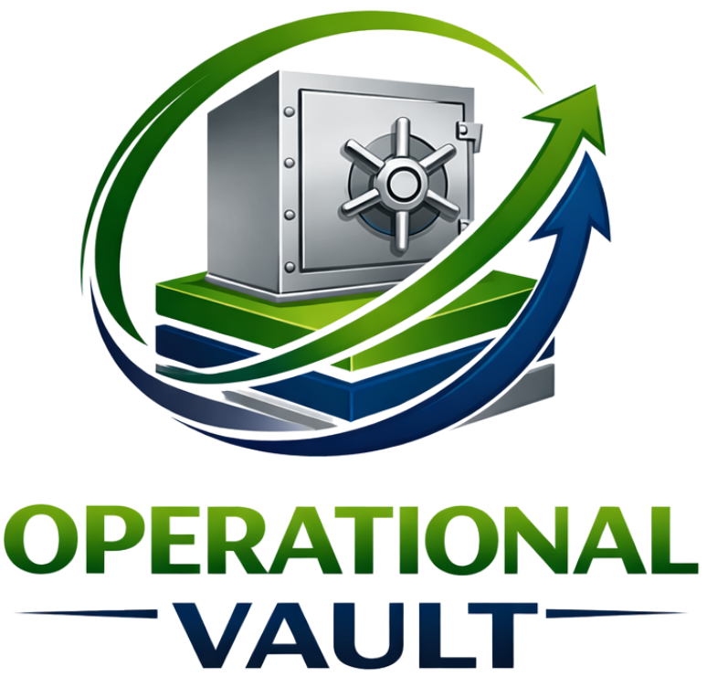 Safe with a vault door, surrounded by green and blue arrows, and the words 'Operational Vault' below.