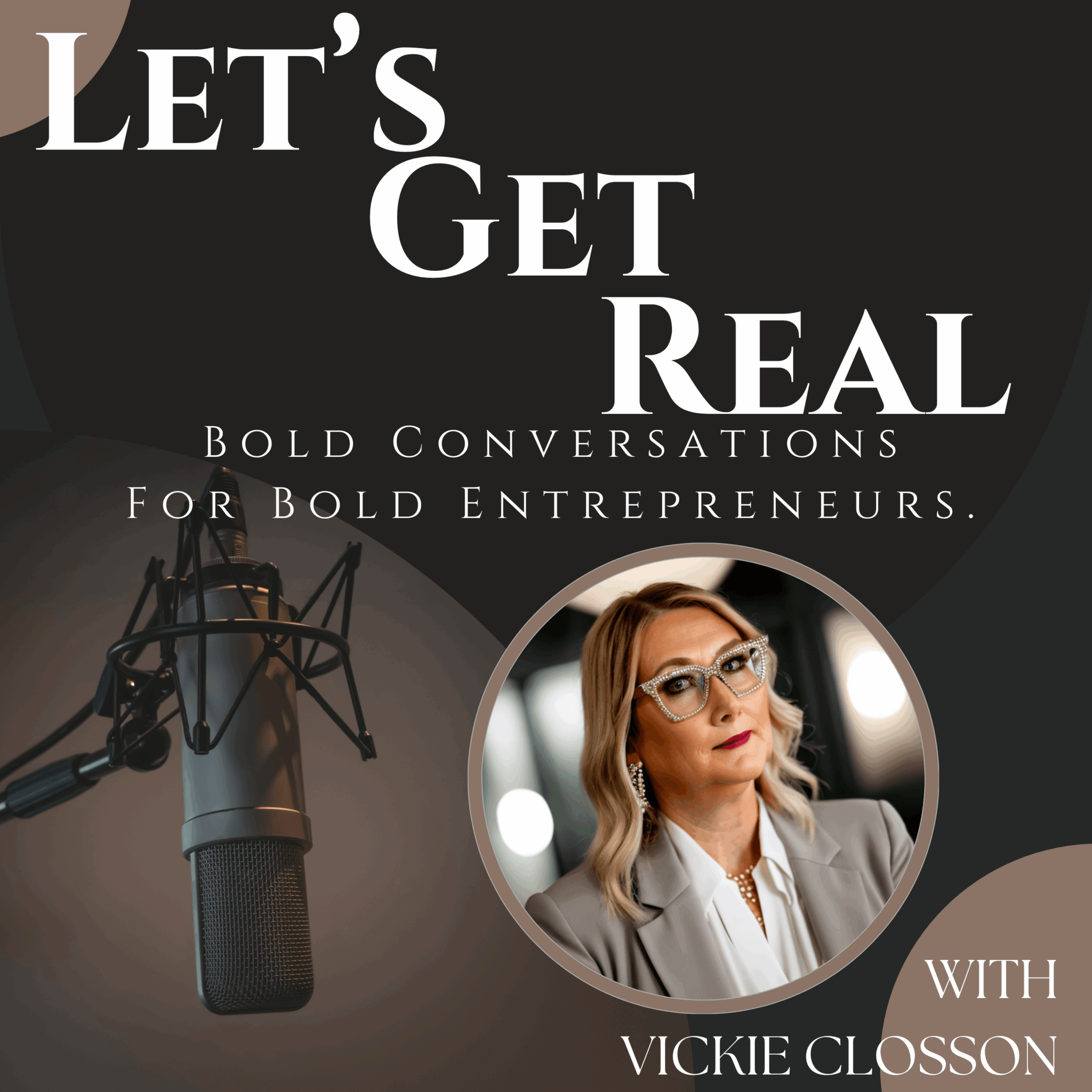 Promotional graphic with microphone and a woman in glasses, promoting bold conversations for entrepreneurs.