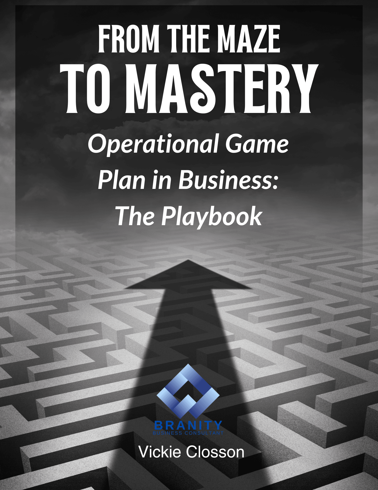 Maze with arrow pointing forward, title and author text on top, grayscale background, blue logo at bottom.
