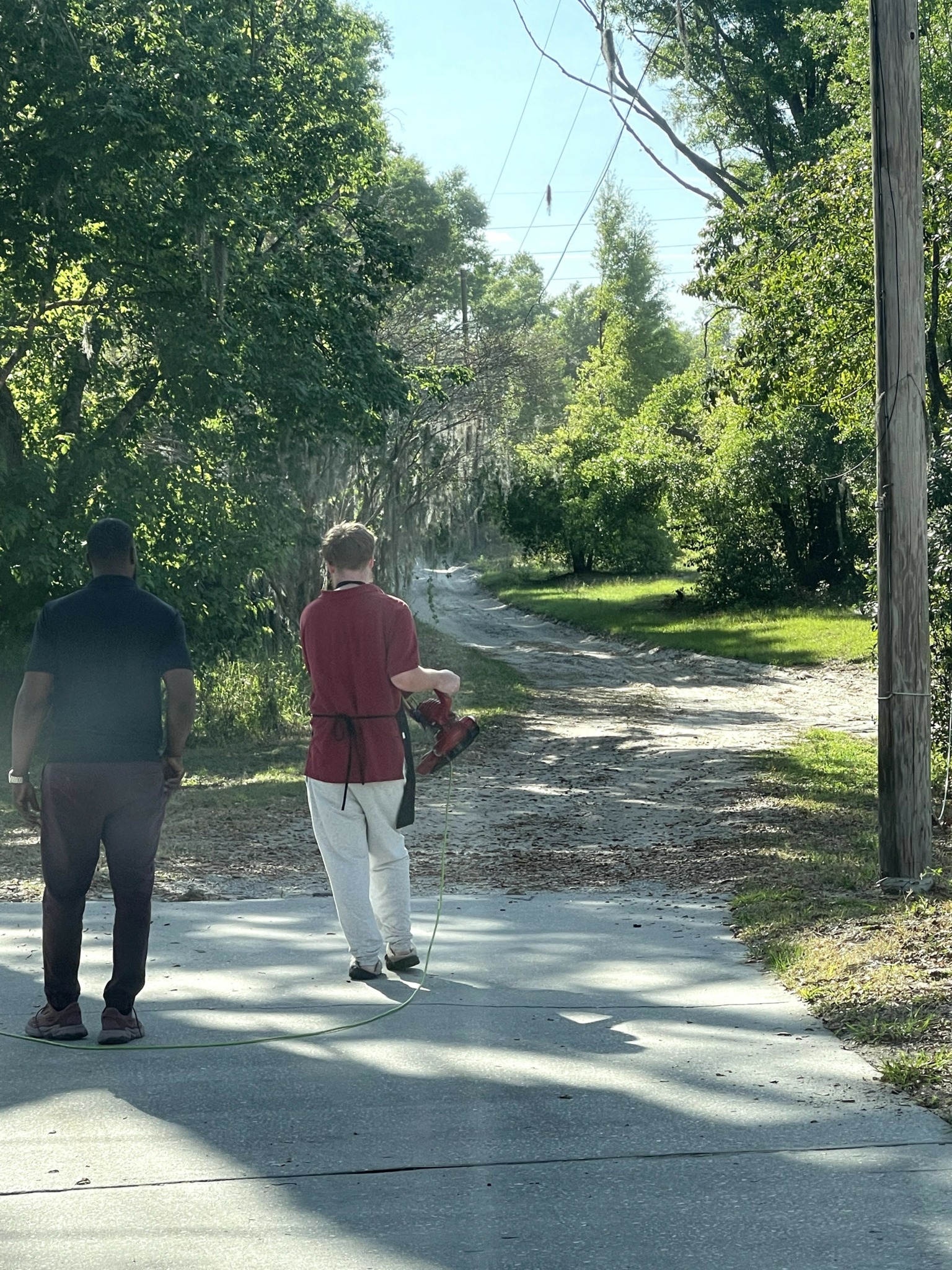 Two people walking on a dirt path surrounded by trees and greenery, with a utility pole on the right side.