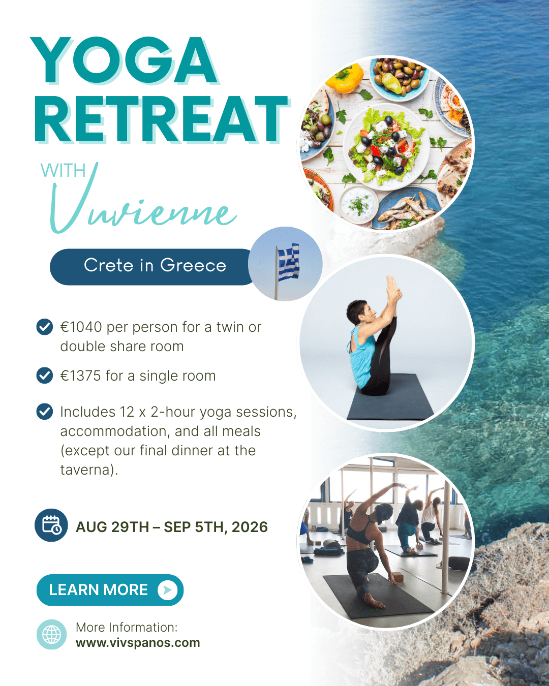Promotional flyer for yoga retreat in Crete, Greece, with images of food, a person practicing yoga, and a group exercise.