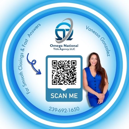 Blue circular badge with QR code, woman in blue dress, company logo, and contact info.