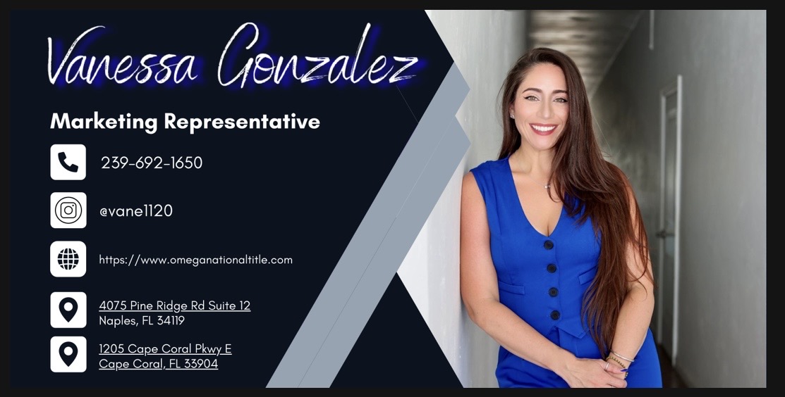 Business card with name Vanessa Gonzalez, marketing representative, and contact details, featuring a woman in a blue dress smiling.