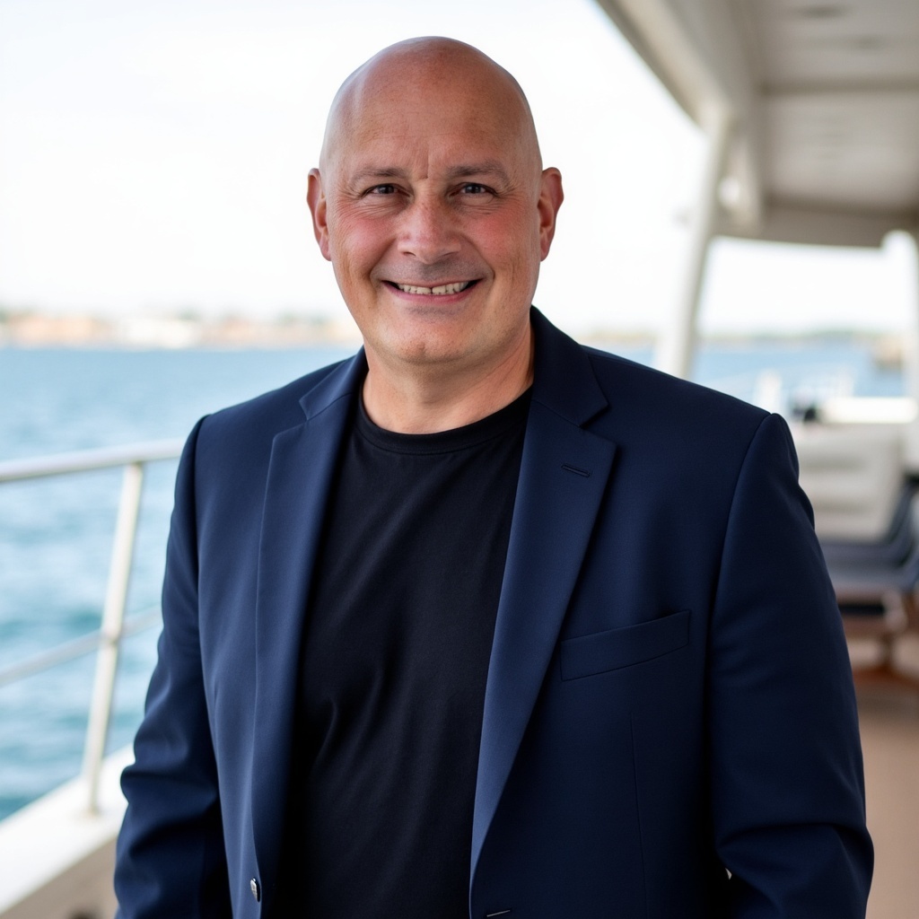 Bald man in a navy blazer and black shirt smiling on a boat with water and sky in background.
