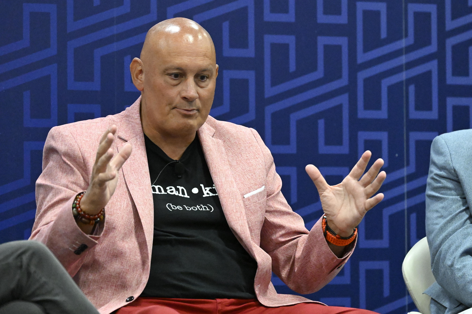 Bald man in pink blazer speaking with hands raised, seated against a blue patterned background.