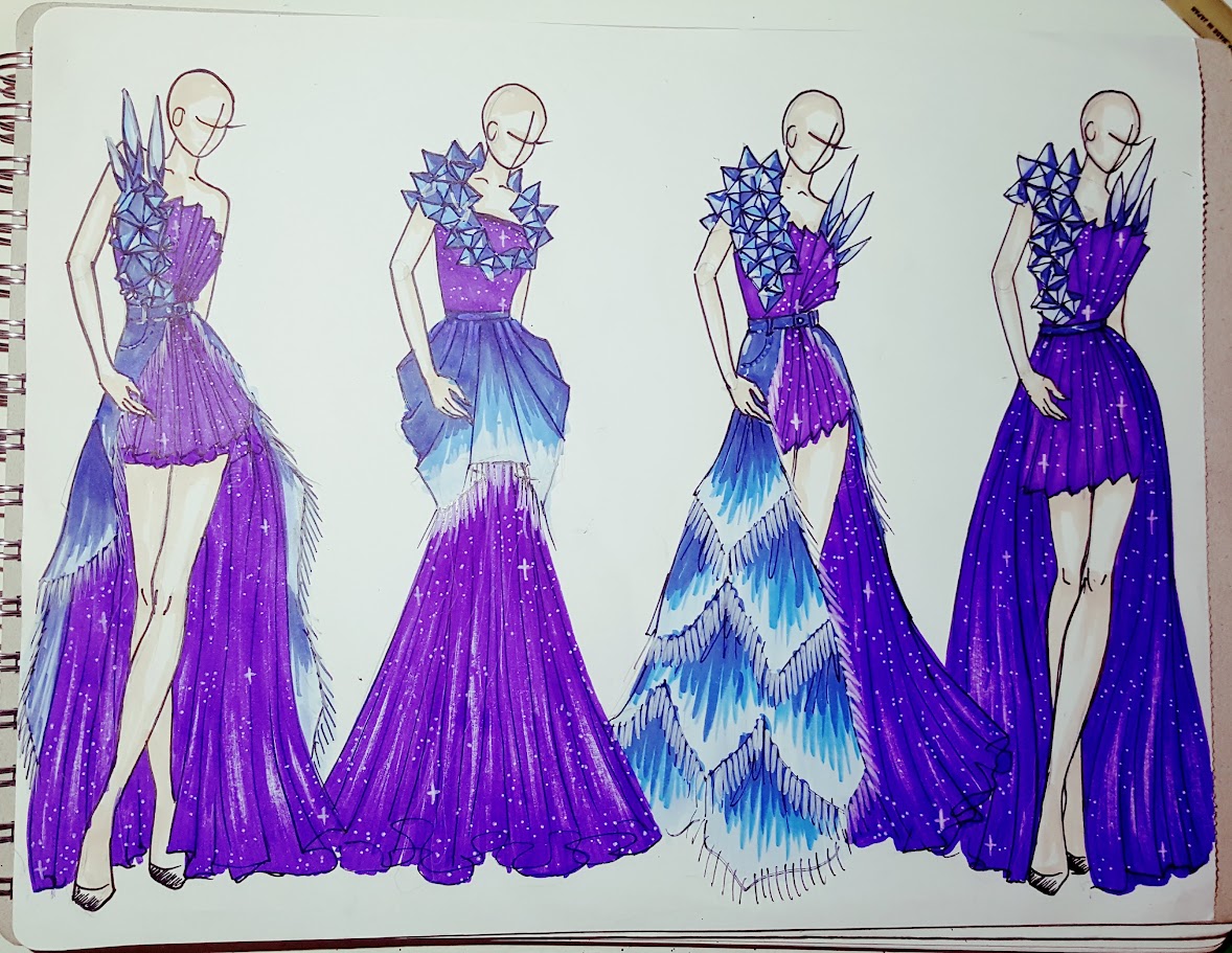 Five fashion sketches of women in purple and blue dresses with various designs and patterns.