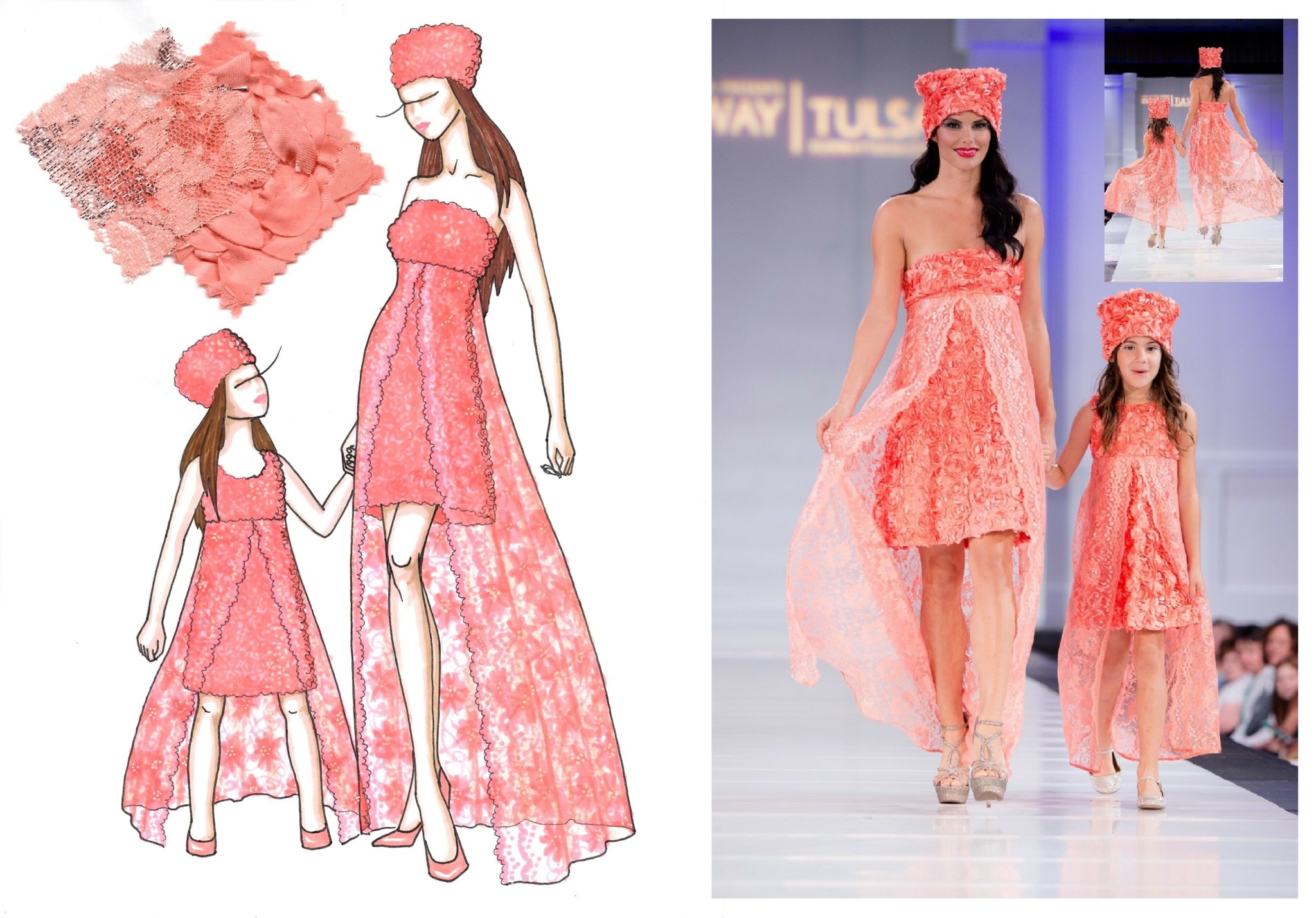 Fashion illustration and runway photo of a woman and girl in pink lace dresses and matching hats.