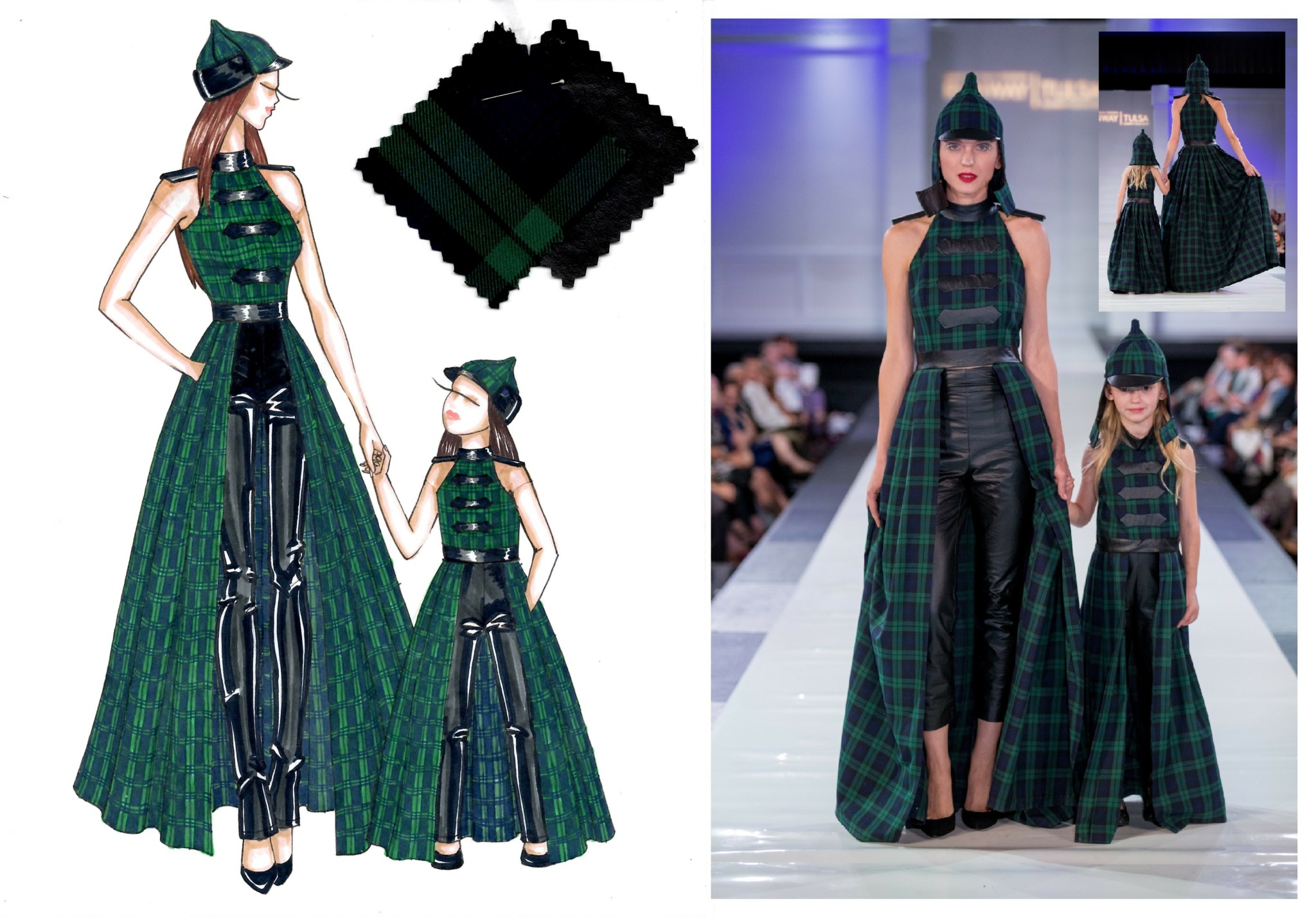 Fashion illustration and runway models wearing green plaid outfits with long capes and high boots.