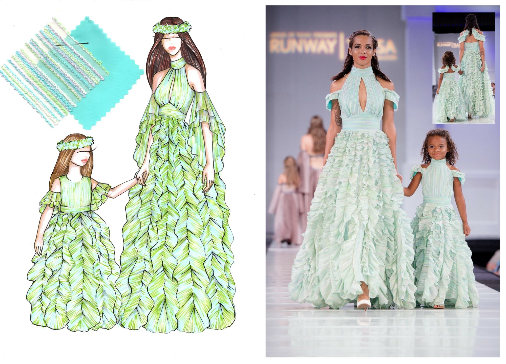 Fashion illustration and runway photo of a woman and child in matching green, ruffled, floor-length dresses with cold shoulder design.