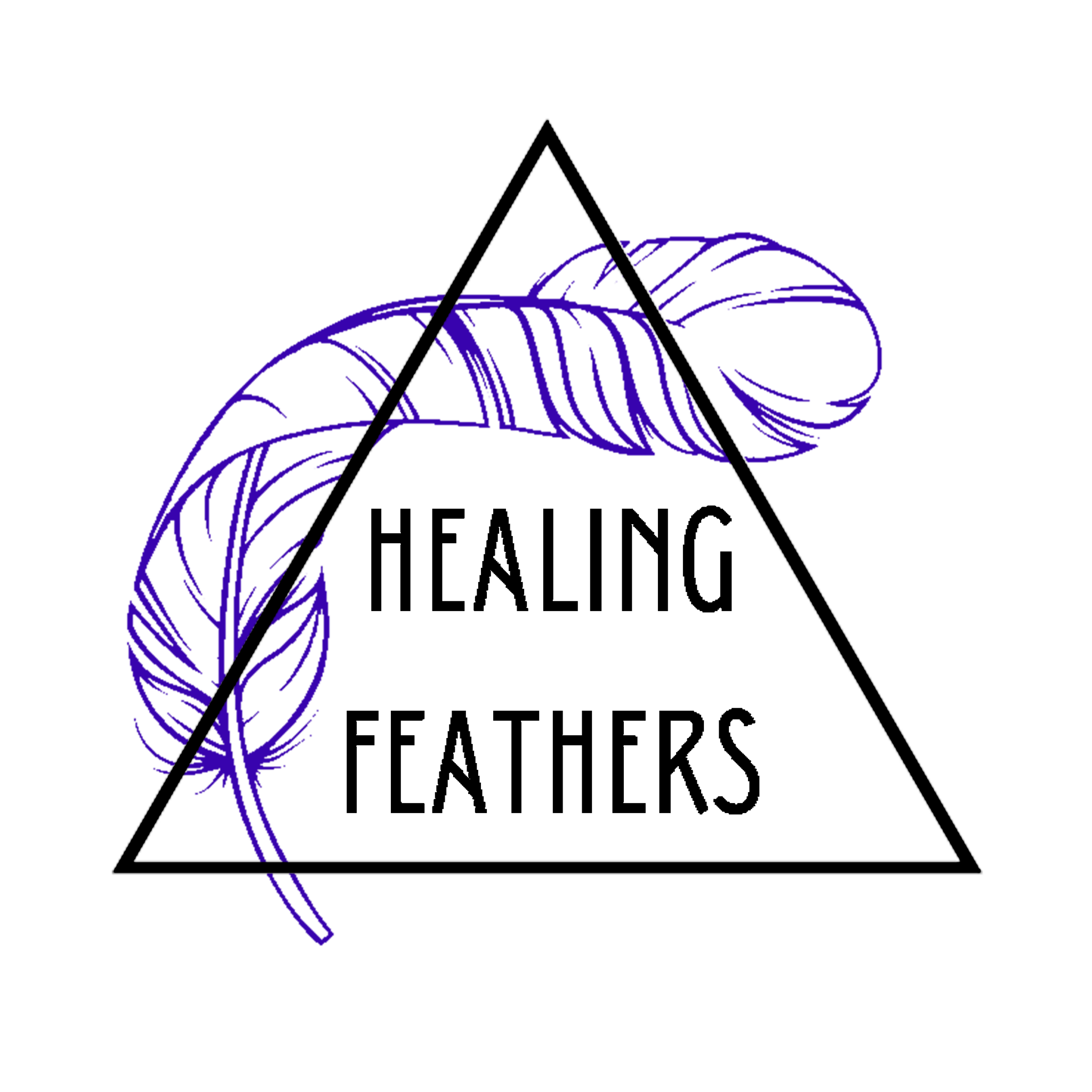 Outline of a feather with purple lines on a black background.