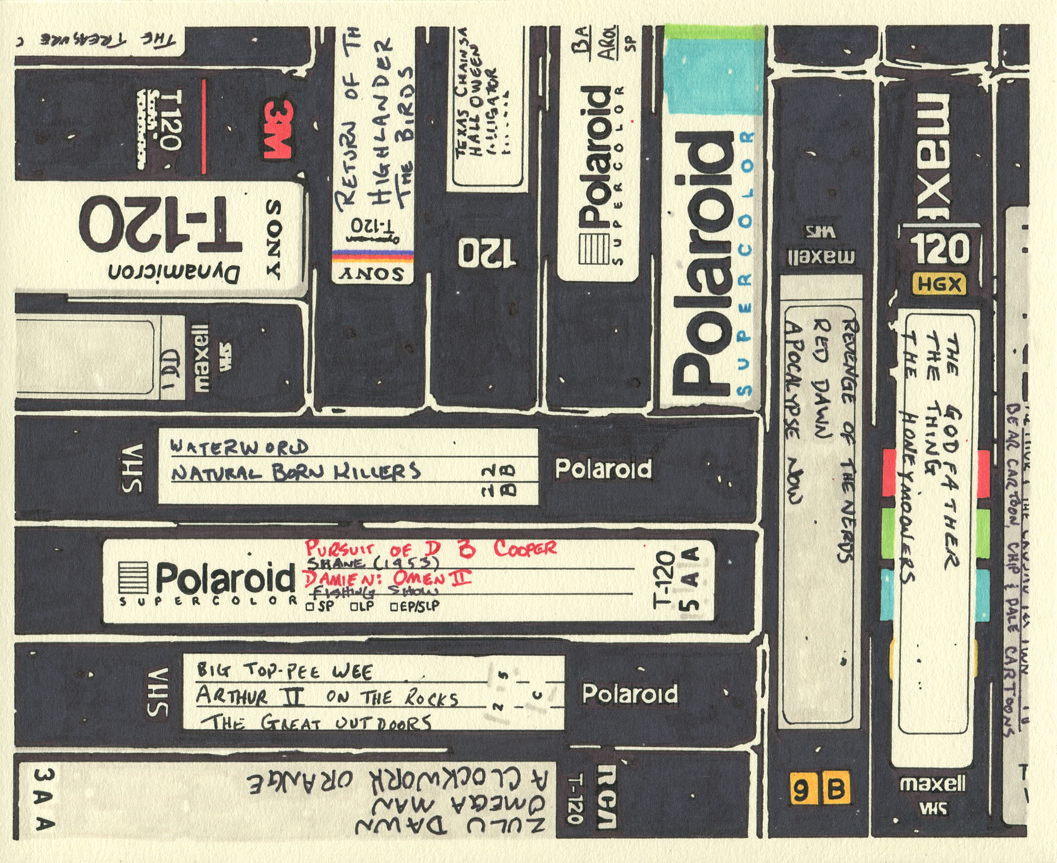 Collection of vintage camera film boxes and labels, including Polaroid and Maxell brands, arranged on a surface.