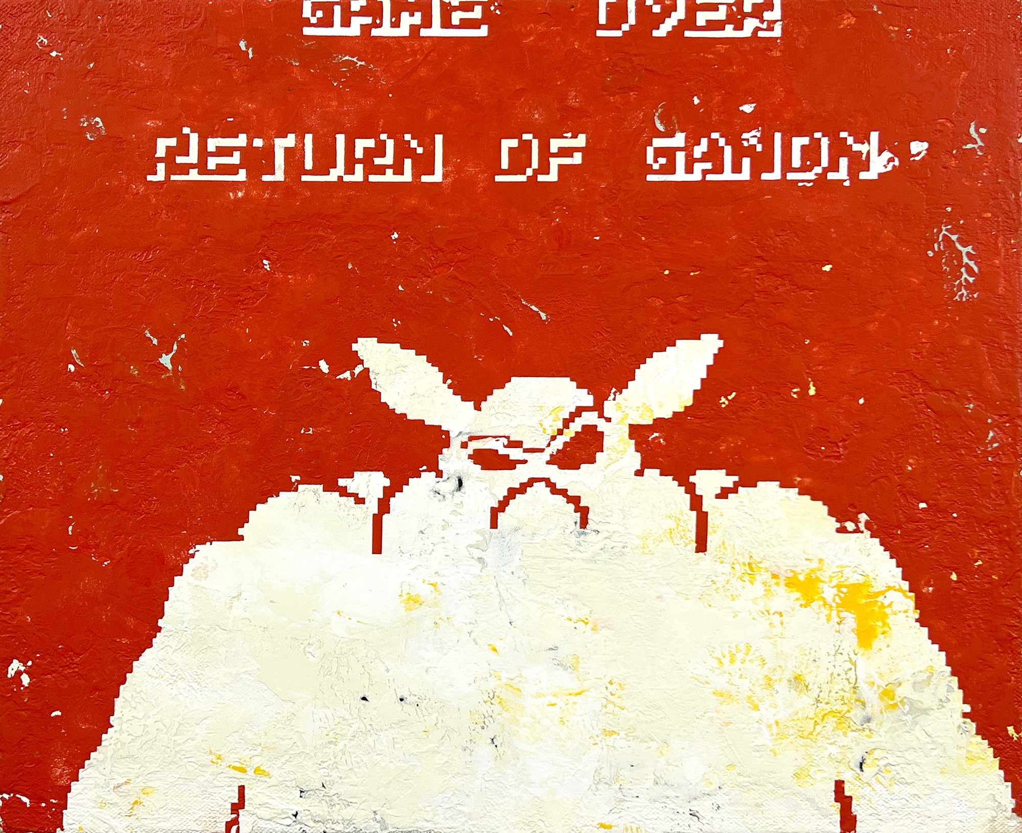 Red background with white text and a white illustration of a character with bunny ears and a bowtie.