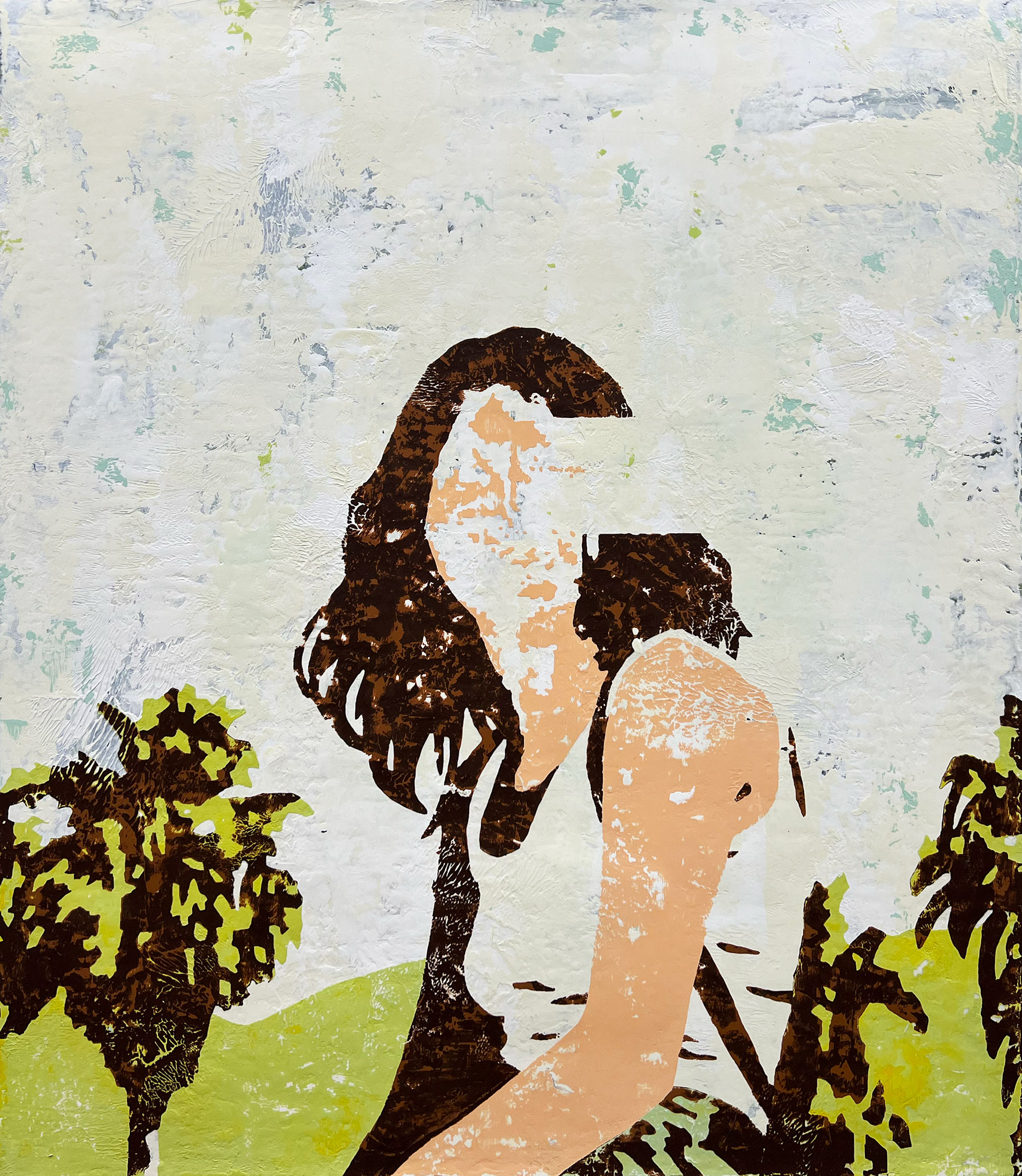 Silhouette of a woman with long hair, standing outdoors with trees and sky in background.