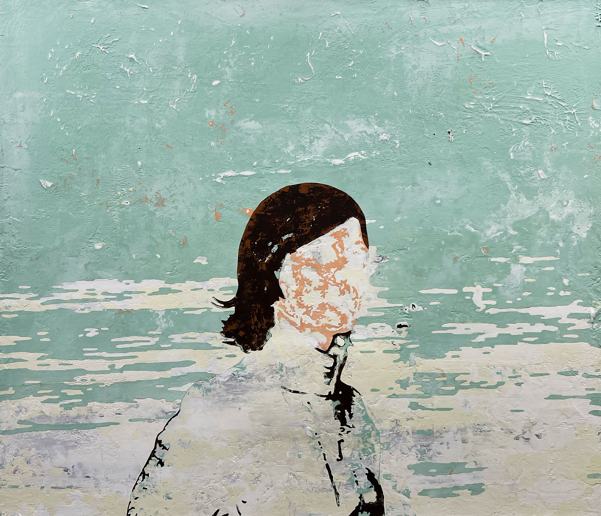 Person with dark hair facing right, background with textured blue-green surface and horizontal streaks.