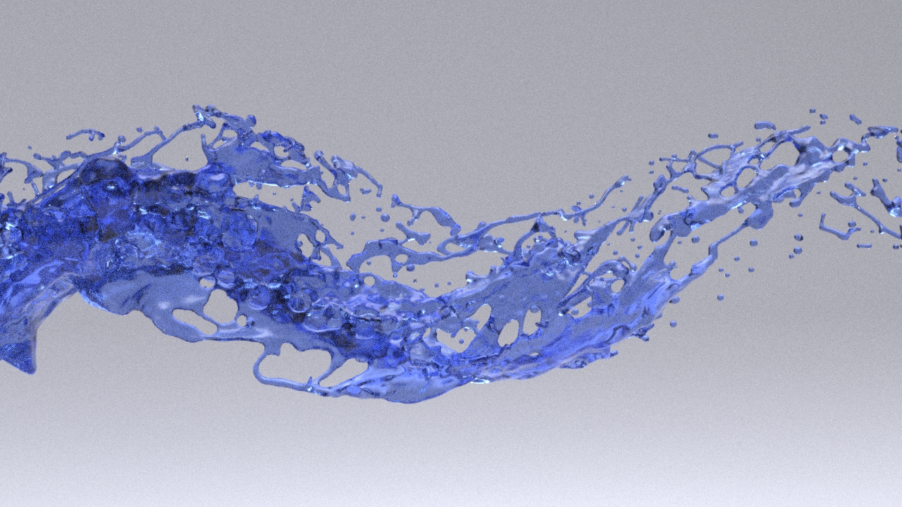 Blue liquid splash with dynamic movement and irregular shape against a light background.