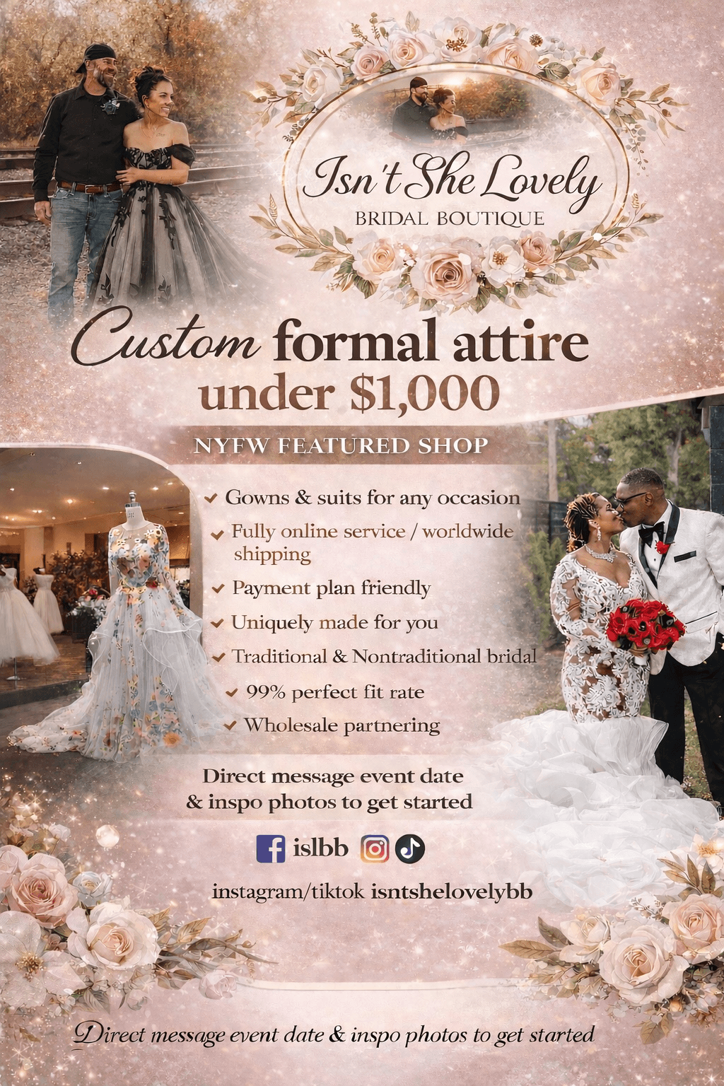 Bridal boutique advertisement with floral design, promoting custom formal attire under $1,000, featuring wedding dresses and accessories.