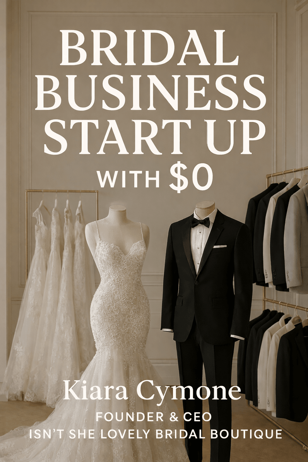 Display of wedding dresses and a tuxedo on mannequins in a boutique with text about bridal business startup.