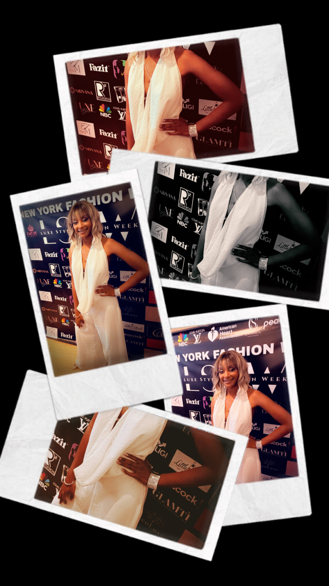 Collection of fashion photos featuring a woman in a white dress at an event, with a backdrop and various poses.