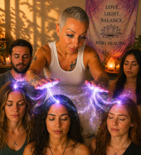 A woman with short gray hair performs a healing ritual with glowing hands over three women with closed eyes.