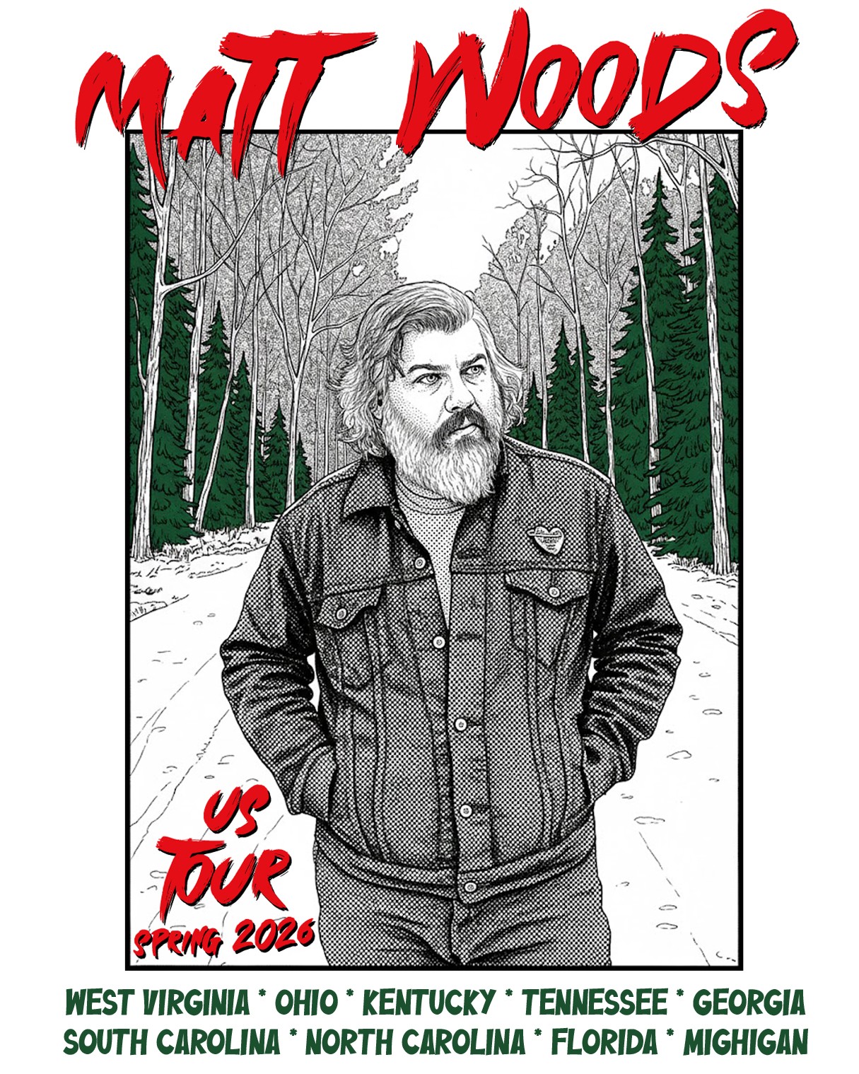 Black and white illustration of a man with a beard and long hair, standing outdoors in a wooded area.