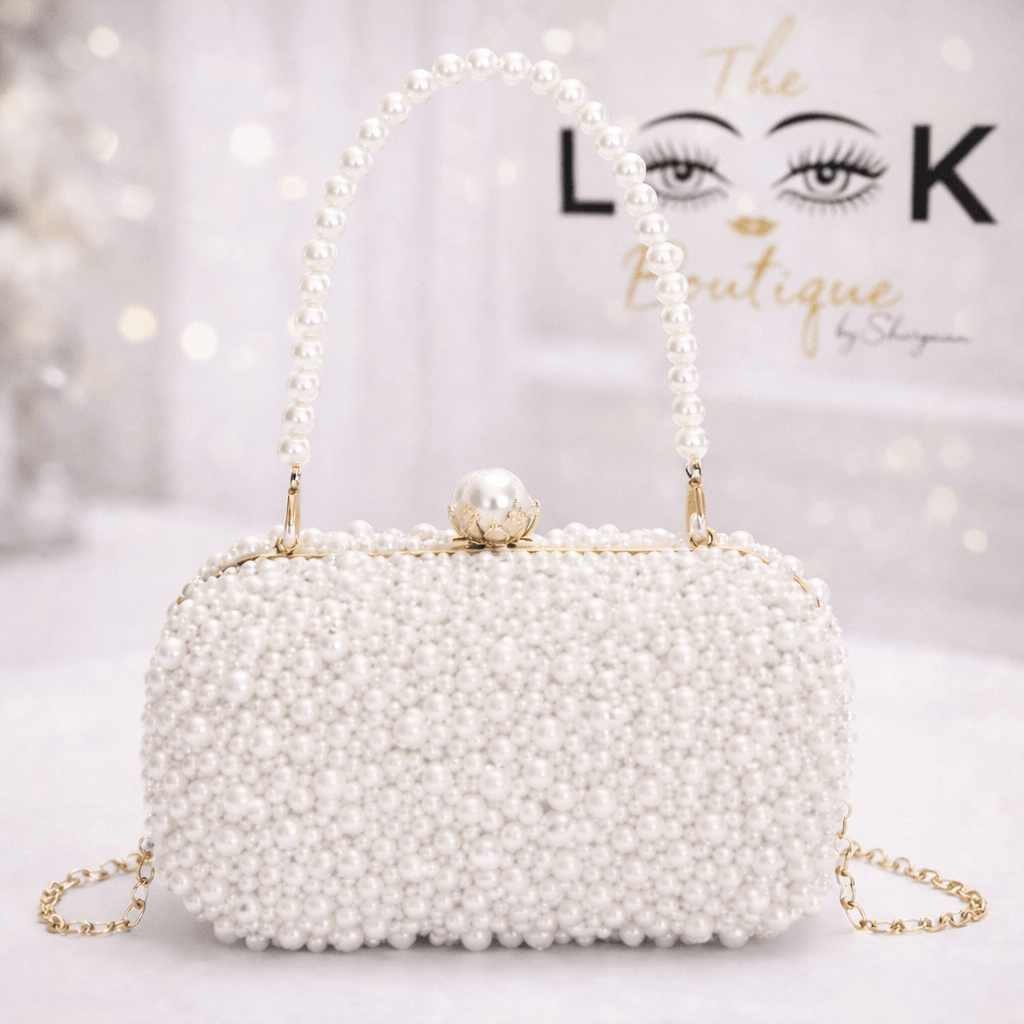 Pearl-embellished clutch bag with a pearl handle and gold chain strap, set against a blurred background with text and eye illustrations.
