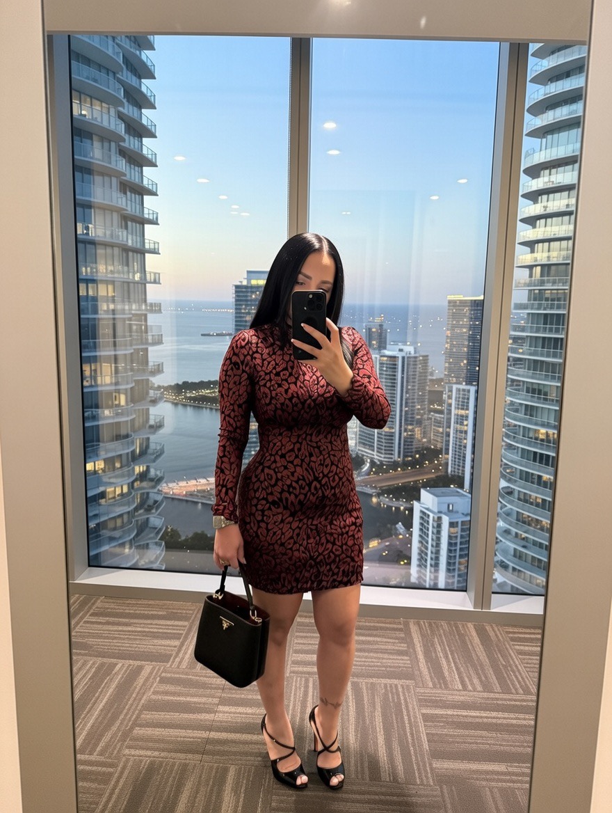 Woman in a patterned dress taking a mirror selfie in a high-rise building with cityscape view.