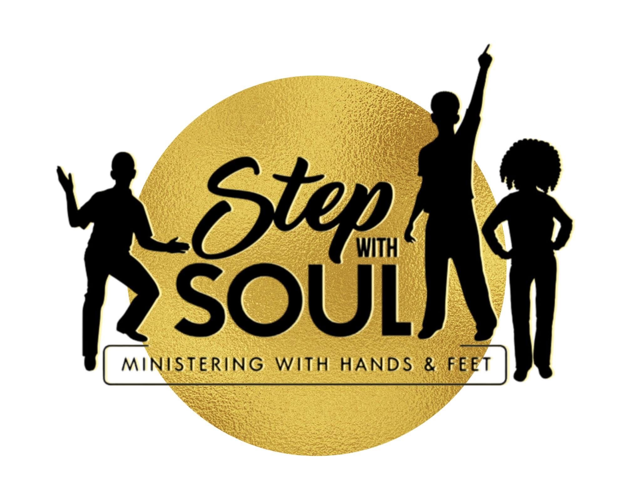 Three silhouetted people dancing with a gold circle background and text about stepping with soul.