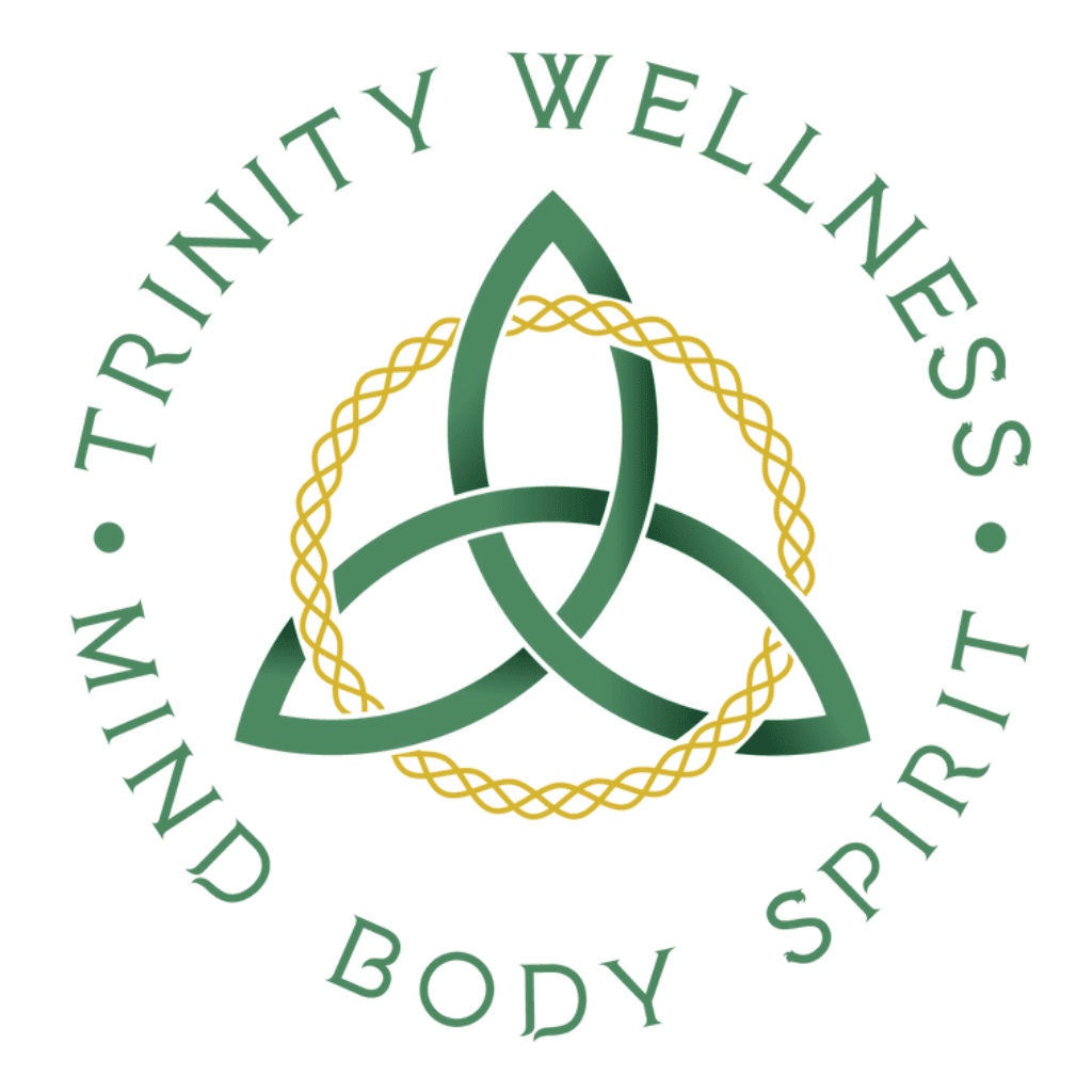 Trinity Wellness logo with a triquetra symbol and circular text reading 'Trinity Wellness, Body, Spirit, Mind'.