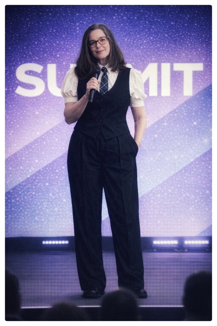 Woman standing on stage holding microphone, background with starry sky and large text, wearing glasses and formal attire.
