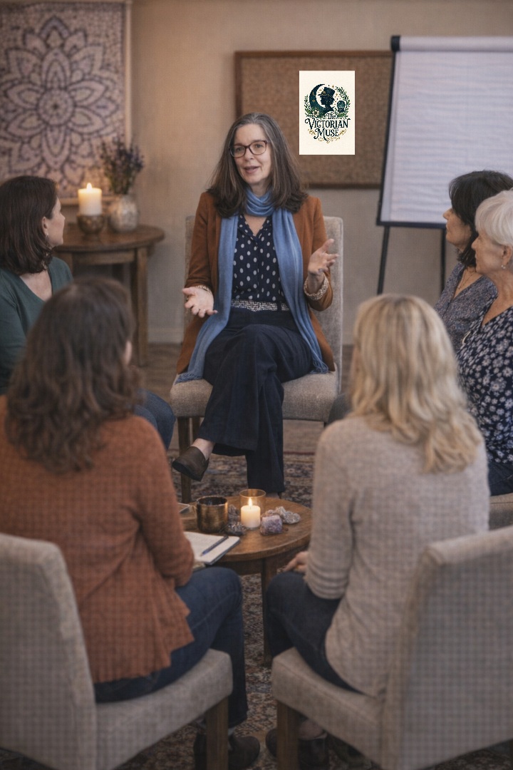 Woman speaking to a group of women in a cozy room with candles and a whiteboard.
